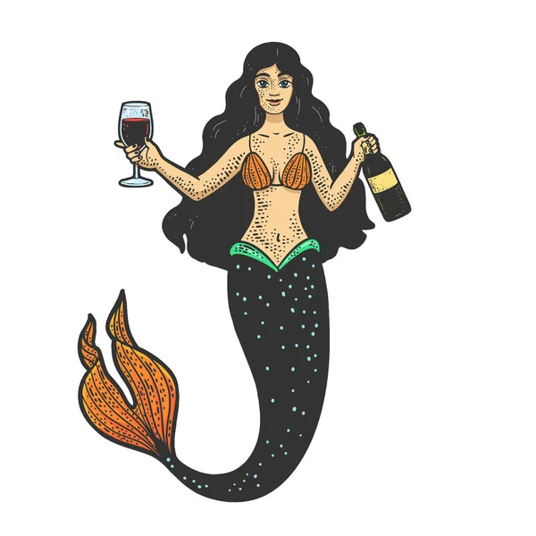 Mermaid and wine line art color sketch vector — Vector de stock