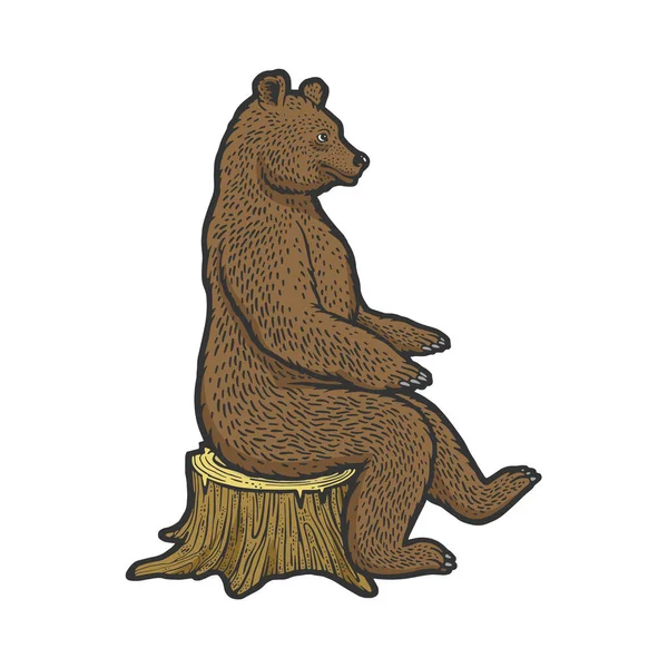 Bear sits on tree stump color sketch vector — Stock Vector