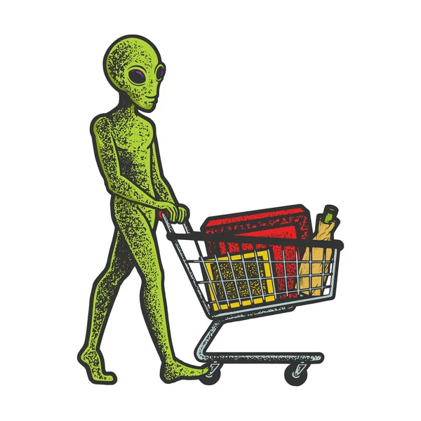 Alien achats avec panier vecteur de couleur — Image vectorielle