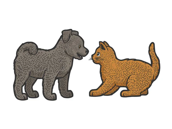 Puppy and kitten line art color sketch raster — стоковое фото