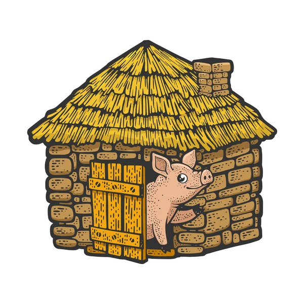 Pig in brick house sketch raster illustration — Stock Photo, Image