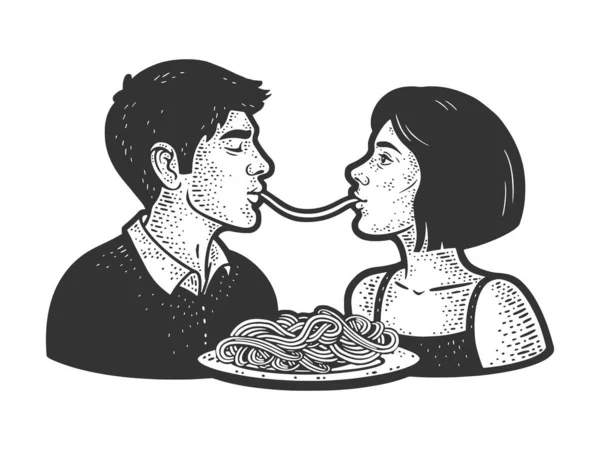 Couple in love eating pasta sketch vector — Stock Vector