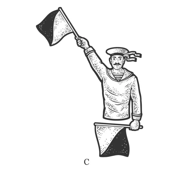 Flag semaphore letter C sketch vector illustration — 스톡 벡터