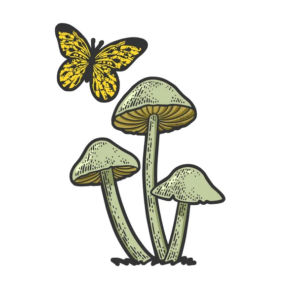 Mushrooms and butterfly line art color sketch — Vector de stock