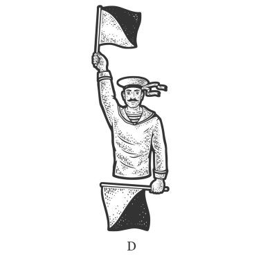 Flag semaphore letter D sketch raster illustration