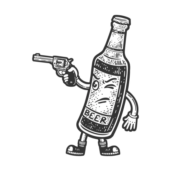 Cartoon beer bottle with revolver sketch vector — Stock Vector