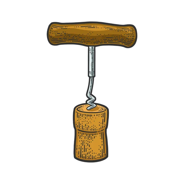 Corkscrew and cork color sketch vector — Vettoriale Stock
