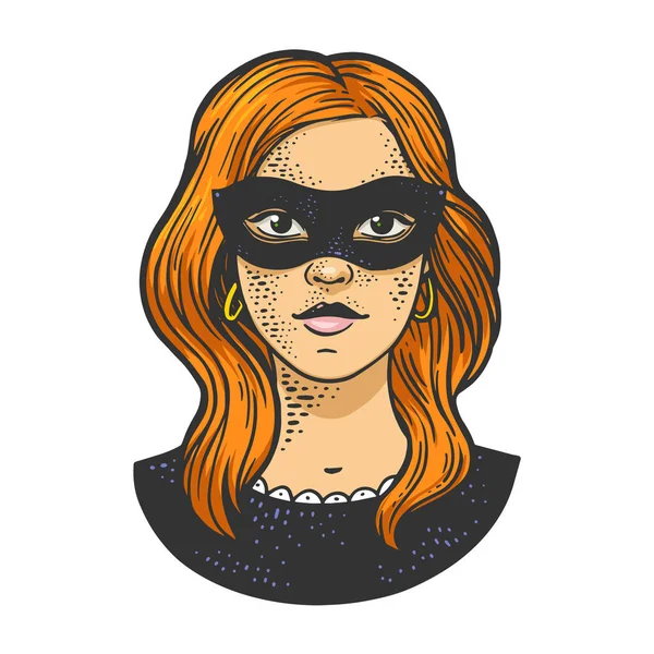 Girl in black masquerade mask color sketch raster — 图库照片