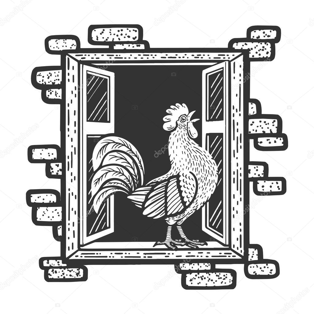 rooster crows sings in house window sketch raster