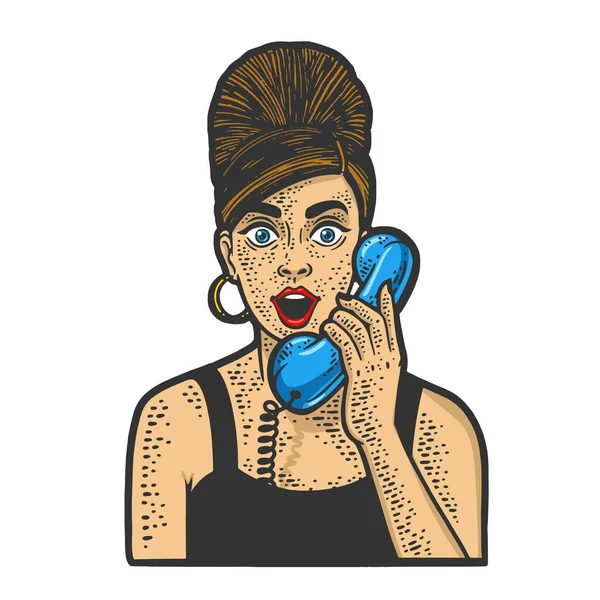 Old fashioned girl with phone color sketch vector — стоковый вектор