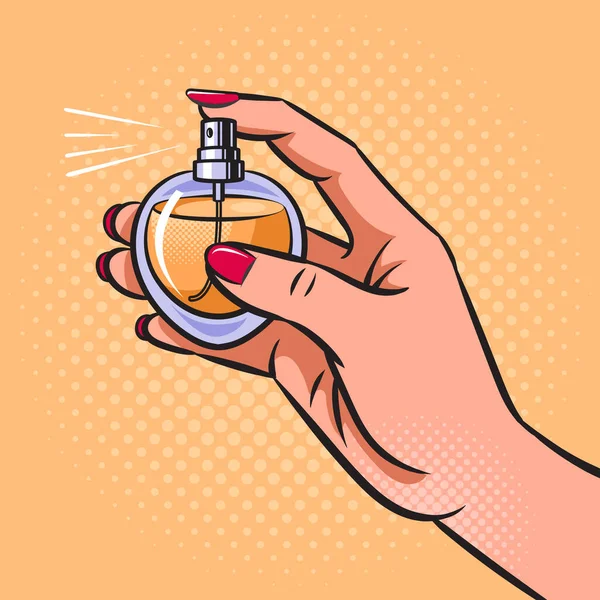 Woman hand with perfume bottle pop art vector — Stok Vektör