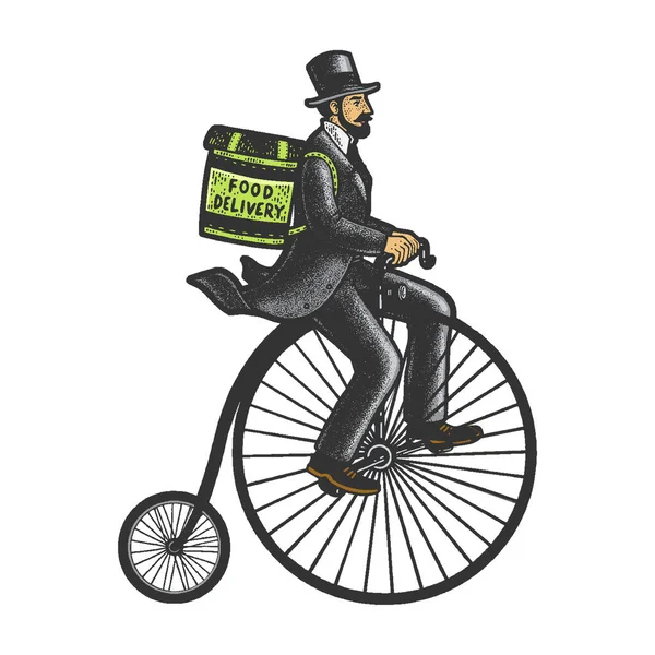 Food delivery man high wheel bicycle color sketch — Stockvector