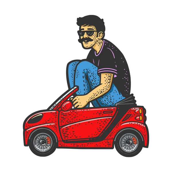 Adult om în jucărie mică mașină de culoare schiță raster — Fotografie, imagine de stoc