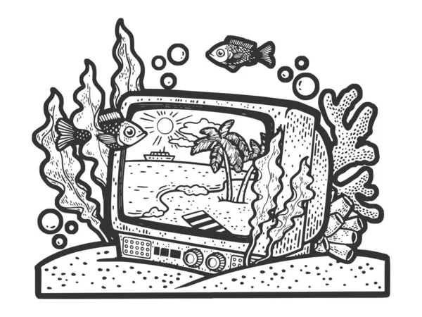 Tv under water sketch raster illustration — Stock Photo, Image