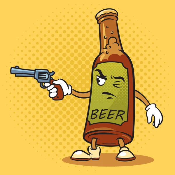 Cartoon beer bottle with revolver pop art raster — Stock Photo, Image