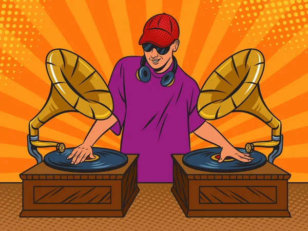 DJ with vintage gramophones comic pop art vector — Stock Vector