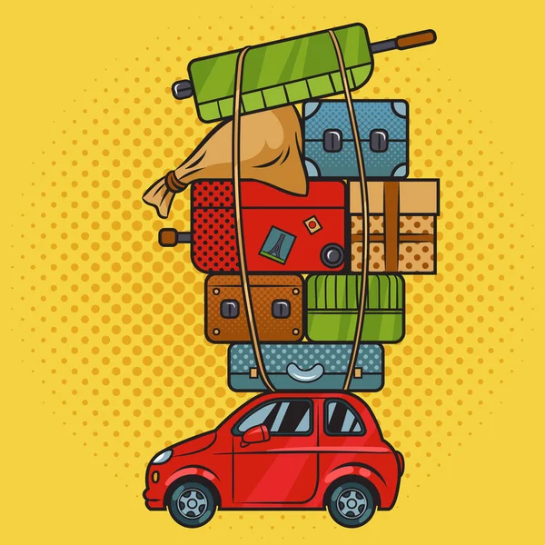 Pila de maletas en el techo del coche pop art vector — Vector de stock