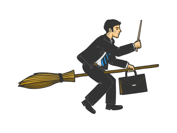 Businessman Magician Flies Broomstick Broom Color Sketch Engraving Vector Illustration — Stock Vector