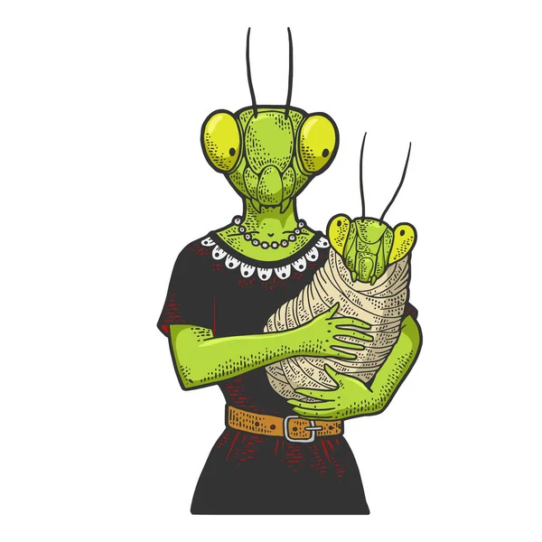 Mor Och Baby Mantis Färg Skiss Gravyr Vektor Illustration Shirt — Stock vektor