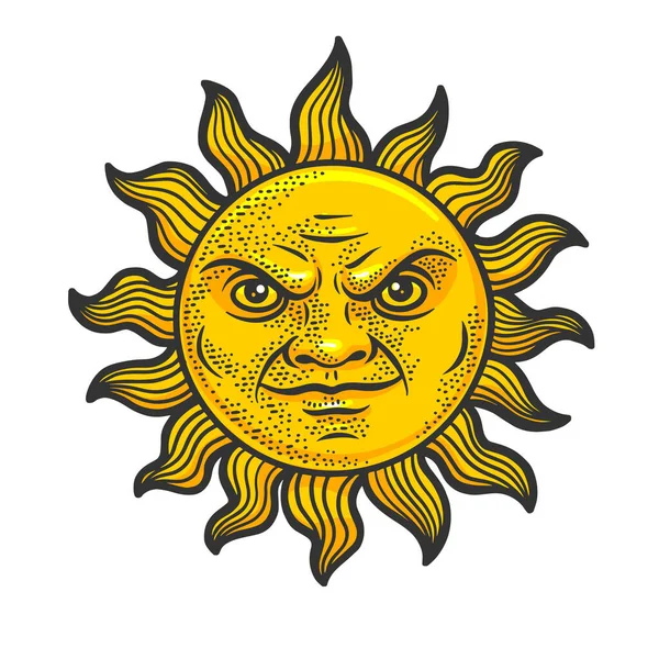 Злой Карикатурный Солнечный Набросок Гравировкой Векторной Иллюстрации Дизайн Одежды Футболок — стоковый вектор