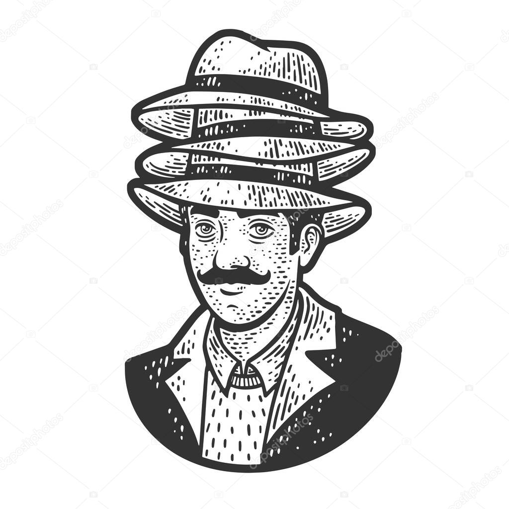 man in three hats sketch engraving vector illustration. T-shirt apparel print design. Scratch board imitation. Black and white hand drawn image.