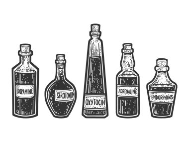 İçinde dopamin serotonin oksitosin adrenalin ve endorfin bulunan hormon şişeleri kabartma vektör çizimi. Tişört giysisi baskısı tasarımı. Çizik tahtası taklidi. Siyah beyaz el çizimi resim