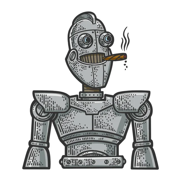 Cartoon Robot Smoking Cigar Color Sketch Engraving Vector Illustration Shirt — Stock Vector