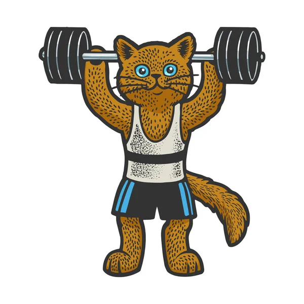Cat Gewicht Lifter Atleet Kleur Schets Graveren Vector Illustratie Shirt — Stockvector