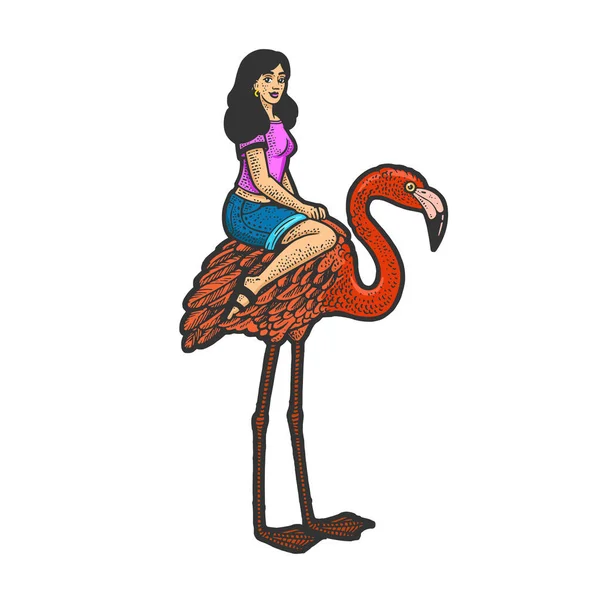 Девушка Ездить Фламинго Птица Линии Искусства Цветовой Эскиз Гравировки Векторной — стоковый вектор