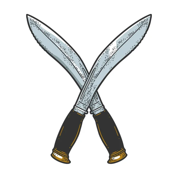 Espadas Cruzadas Machete Color Bosquejo Grabado Vector Ilustración Diseño Estampado — Archivo Imágenes Vectoriales