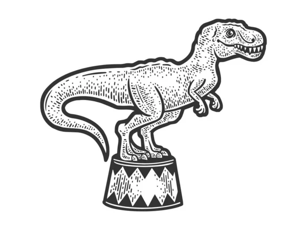 サーカスの恐竜ティラノサウルスは サーカスのスケッチのベクトルイラストを彫刻スタンド Tシャツのアパレルプリントデザイン スクラッチボードの模倣 黒と白の手描き画像 — ストックベクタ