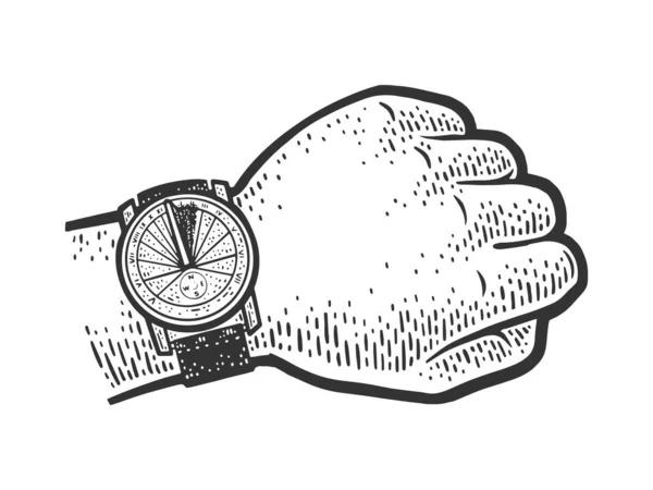 Sundial Relógio Pulso Esboço Gravura Vetor Ilustração Shirt Design Impressão —  Vetores de Stock