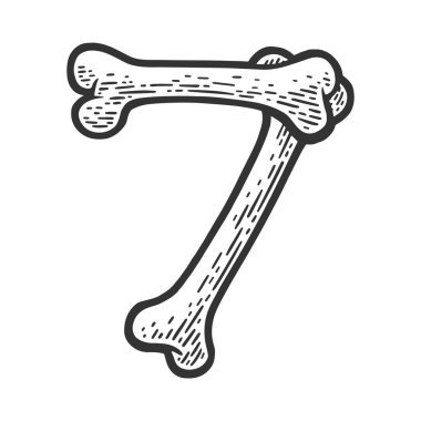 7 numaralı figür. Kemik çiziminden yapılmış. Raster çizimi. Kemik yazı tipi. Tişört çıkartması giysi baskısı tasarımı. Çizik tahtası taklidi. Siyah beyaz el çizimi resim.