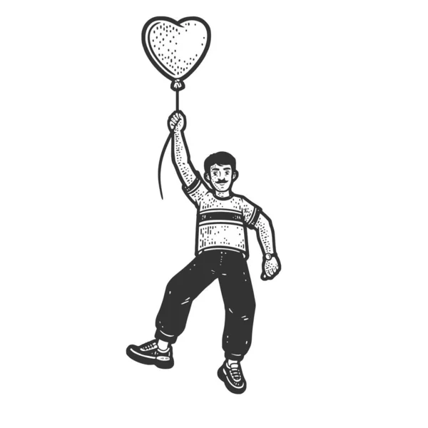 Человек Летящий Наброске Воздушного Шара Форме Сердца Гравирует Растровую Иллюстрацию — стоковое фото