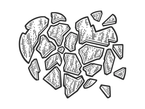 Broken heart shattered into pieces sketch engraving raster illustration. T-shirt apparel print design. Scratch board imitation. Black and white hand drawn image.