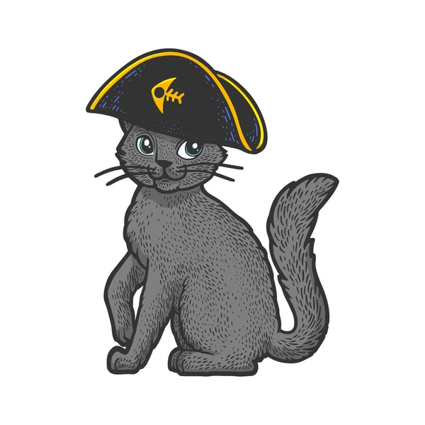 Pirate cat cartoon character color sketch engraving raster illustration. T-shirt apparel print design. Scratch board imitation. Black and white hand drawn image.