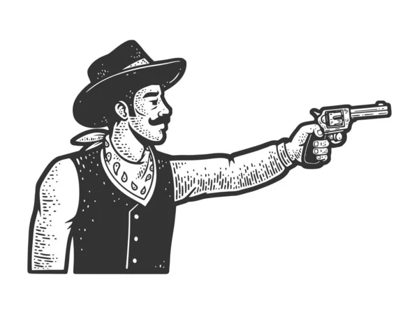 Cowboyskott Syftar Från Revolver Pistol Skiss Gravyr Vektor Illustration Shirt — Stock vektor