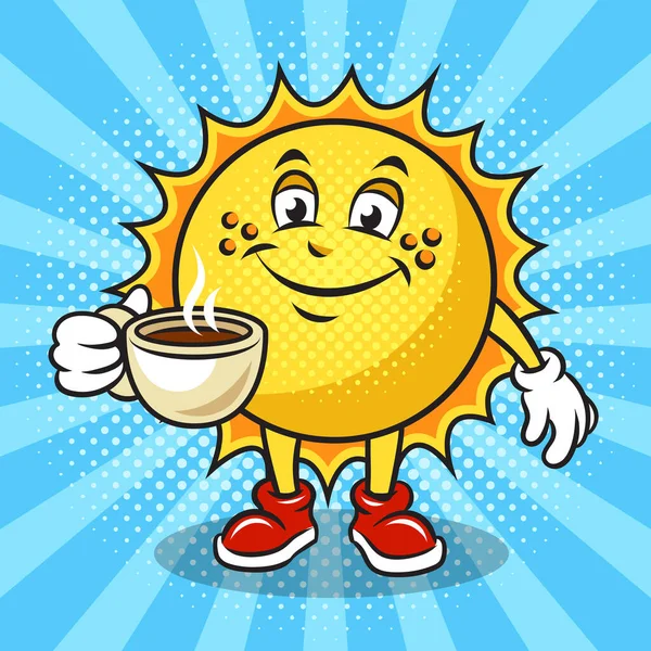 Счастливое Доброе Мультяшное Солнце Чашечкой Кофе Поп Арта Ретро Векторная — стоковый вектор