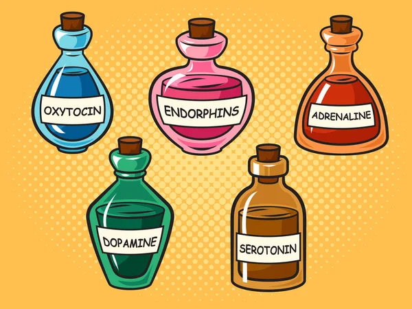 Φιάλες Ορμόνης Ντοπαμίνη Σεροτονίνη Οξυτοκίνη Αδρεναλίνη Και Ενδορφίνες Pop Art — Διανυσματικό Αρχείο