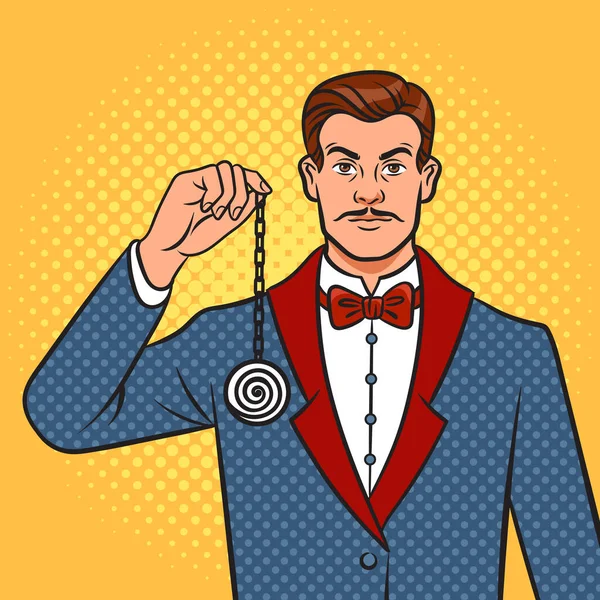 Hipnotizmacı adam Pop Art Retro Raster Illustrasyon. Çizgi roman tarzı taklit.