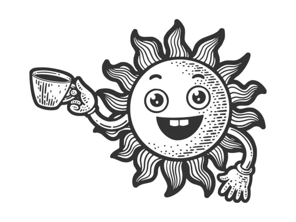 コーヒーのスケッチの彫刻ベクトルイラストのカップと幸せな漫画の太陽 Tシャツのアパレルプリントデザイン スクラッチボードの模倣 黒と白の手描き画像 — ストックベクタ