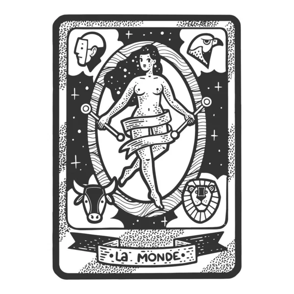 Tarot Naipe Mundo Boceto Grabado Vector Ilustración Diseño Estampado Ropa — Vector de stock