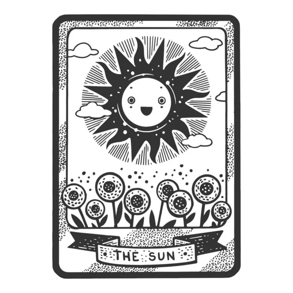 Tarot Spielkarte Sun Skizze Gravurvektorillustration Shirt Print Design Rubbelbrett Imitat — Stockvektor