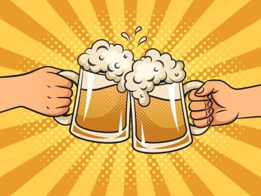 Friends bira partisi alkollü pop sanat retro vektör illüstrasyonunu içmenin şerefine. Çizgi roman tarzı taklit.