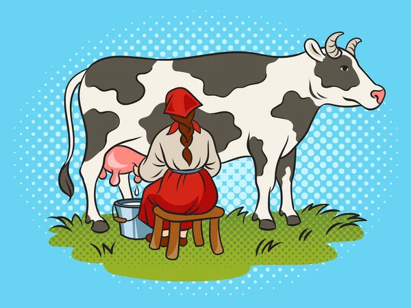 Milkmaid Milking Cow Pop Art Retro Vector Illustration Comic Book — Stock Vector