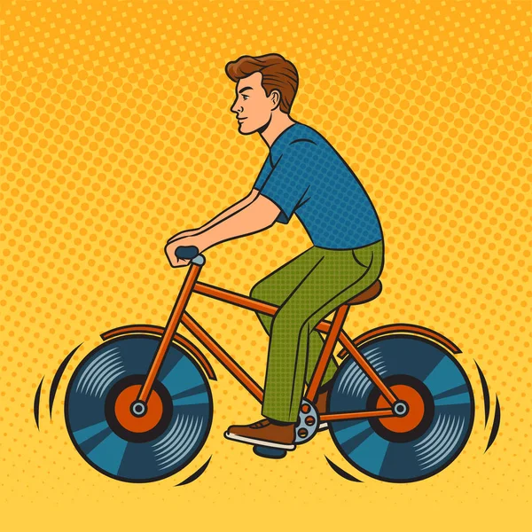 bicycle with wheels vinyl records pop art retro raster illustration. Comic book style imitation.