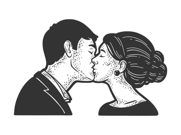 Beijando Casal Amor Esboço Gravura Vetor Ilustração Shirt Design Impressão —  Vetores de Stock