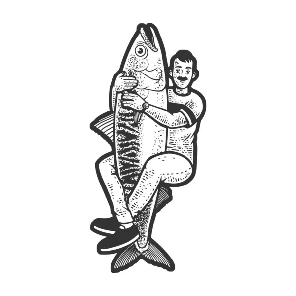 Man Hugging Huge Fish Sketch Engraving Vector Illustration Shirt Apparel — ストックベクタ