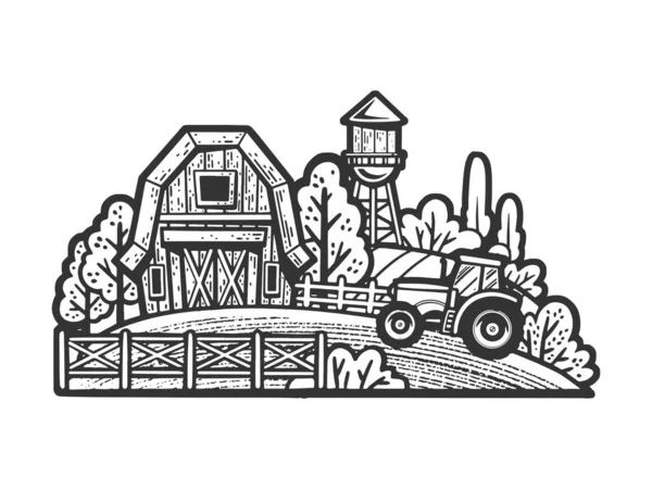 Αγρόκτημα Τοπίο Τοπίο Σκίτσο Χάραξη Διάνυσμα Εικονογράφηση Σχεδιασμός Εκτύπωσης Ρούχων — Διανυσματικό Αρχείο
