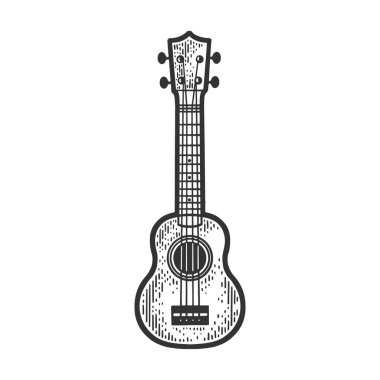 Ukulele Hawaii gitar skeci kabartma vektör çizimi. Tişört giysisi baskısı tasarımı. Çizik tahtası taklidi. Siyah beyaz el çizimi resim.